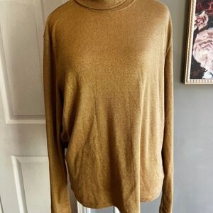 Gold Metallic Turtleneck Long Sleeve Top Sparkle Shimmer Holiday Party